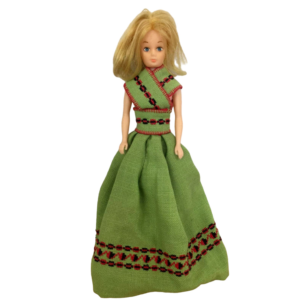 Peasant Girl Barbie Doll in Green Bohemian Linen Dress Country Girl